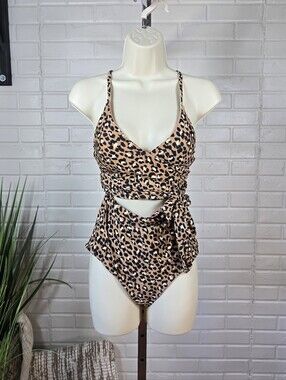Aerie Leopard Wrap One Piece Swimsuit Tan Black